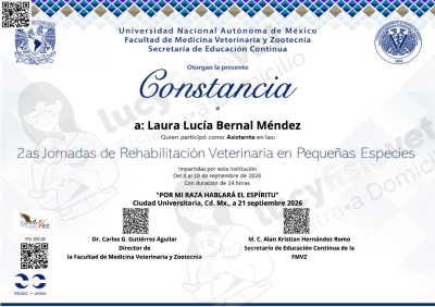 Constancia 2as Jornadas de Rehabilitación Veterinaria en Pequeñas Especies