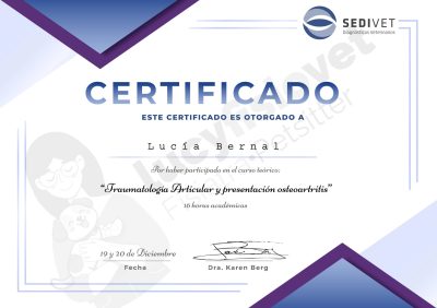 Constancia de Curso de Traumatología Articular y Osteoartritis en Pequeños Animales, Santiago de Chile